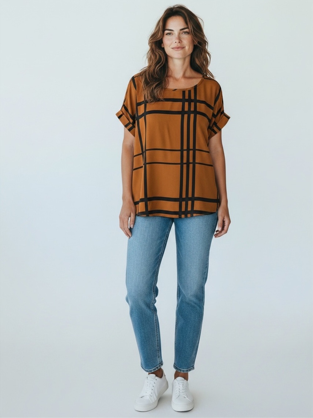 Women's Brown Plaid Short-Sleeve Blouse